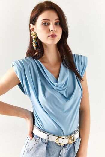 Olalook Women's Baby Blue Padded Collar Loose Blouse BLZ-19002217
