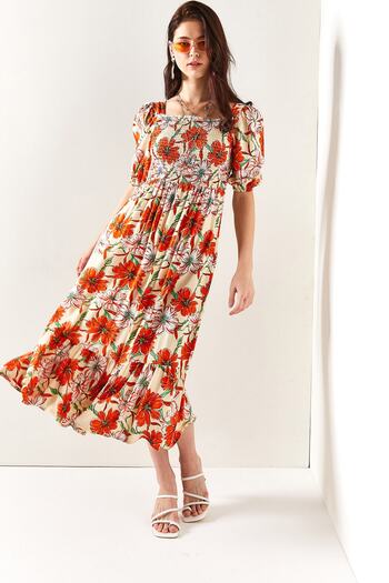 Olalook Women's Beige Orange Elastic Casual Woven Viscose Dress ELB-19001483