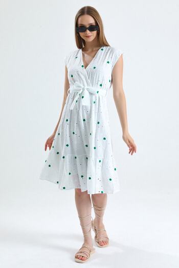 MD trend Women's Green Lined Belted Floral Embroidered Sleeveless Double Breasted Brode Dress