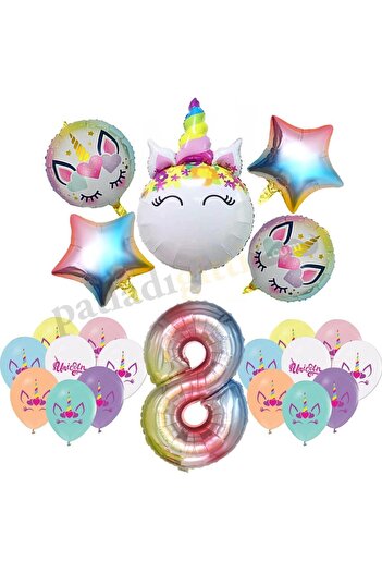 Patladı Gitti 8 Year Old Rainbow Concept Unicorn Themed Birthday Party Celebration Set