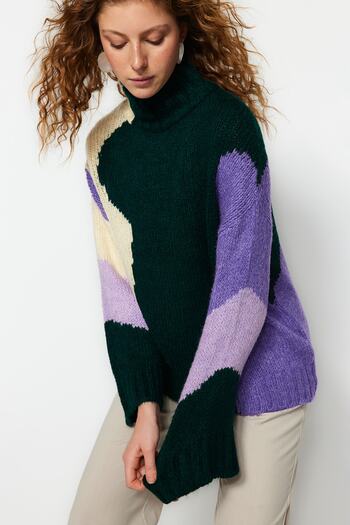 Trendyol Collection Pulover de tricotaj cu croială largă, verde smarald, cu textura moale, blocuri de culoare TWOAW20XS0047