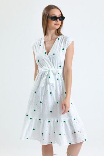 MD trend Women's Green Lined Belted Floral Embroidered Sleeveless Double Breasted Brode Dress