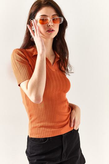 Olalook Women's Onion Skin Polo Neck Ribbed Knitwear Blouse BLZ-19001833