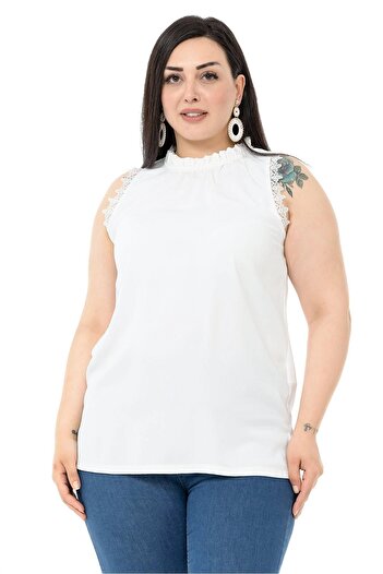 DISENTIS MODEST Plus Size Collar Detailed White Blouse with Lace Sleeves