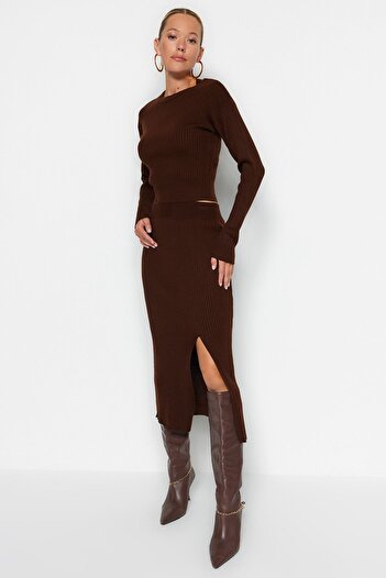 Trendyol Collection Barna Crop kötöttáru szett - alsó és felső készlet TWOAW23AU00240