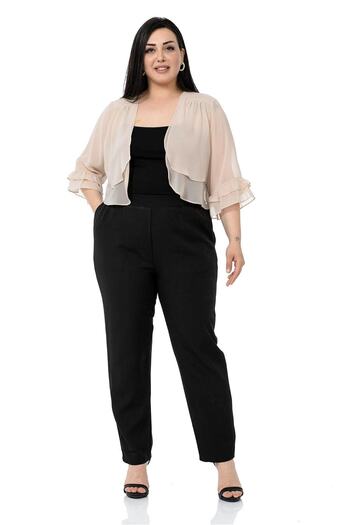 DISENTIS MODEST Plus Size Chiffon Beige Bolero with Double Layer Front Sleeve and Ruffle Back