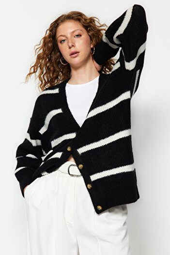 Trendyol Collection Black Wide Fit Soft Textured Striped Knitwear Cardigan TWOAW23HI00191