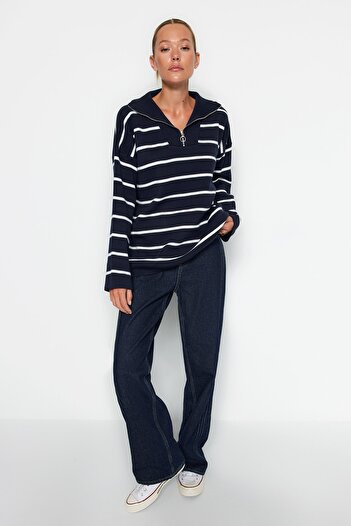 Trendyol Collection Pulover din tricot cu fermoar cu dungi bleumarin - TWOAW23KZ01864