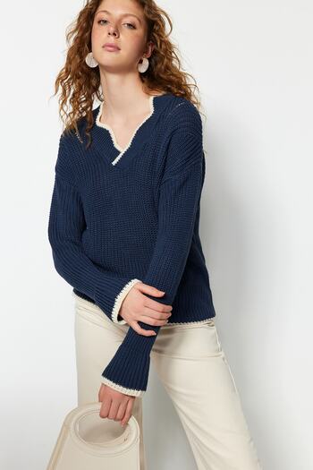 Trendyol Collection Pulover Petrol Wide Fit Color Block Tricotaj TWOAW23KZ00419