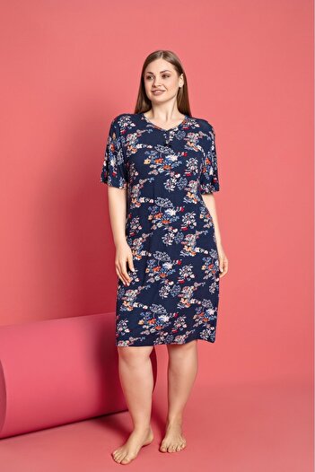 Asel Plus Size Lycra Patterned Nightgown