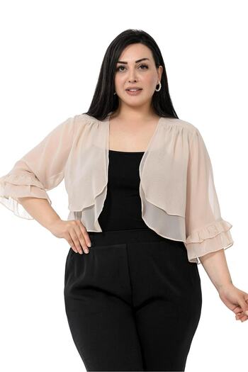 DISENTIS MODEST Plus Size Chiffon Beige Bolero with Double Layer Front Sleeve and Ruffle Back