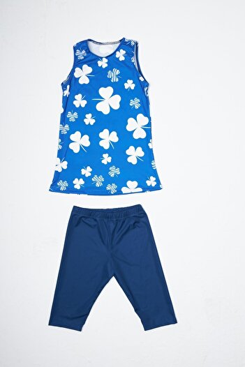 Starinci Mayo Girl's Zero Sleeve Half Closed Hijab Swimsuit Blue Clover Patterned