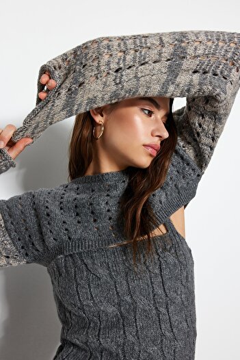 Trendyol Collection Anthracite Crop Openwork/Perforated 2-Piece Knitwear Sweater Twoaw24Kz00099