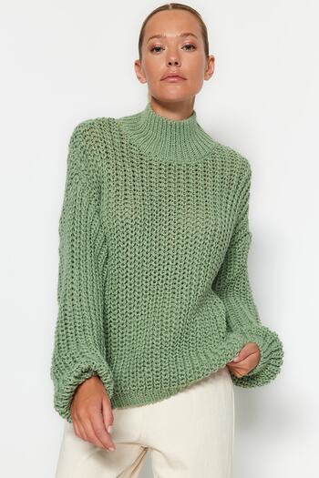 Trendyol Collection Pulover Mint Wide Fit, texturat moale, tricotaj cu guler de bază TWOAW23KZ01810