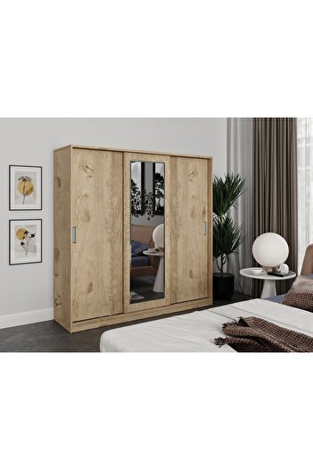 WENCE Samira 3 Kapaklı Sürgülü Aynalı Gardrop Elbise Dolabı - Tamamı Meşe Mdf