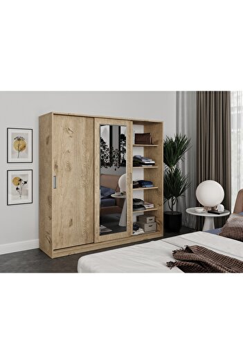 WENCE Samira 3 Kapaklı Sürgülü Aynalı Gardrop Elbise Dolabı - Tamamı Meşe Mdf