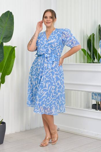 Neşeli Butik Γυναικείο φόρεμα σιφόν με σχέδιο σε μεγάλο μέγεθος Nb8063 - Μπλε