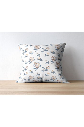 NT Handmade 42x42cm Cotton Woven Throw Pillow Pillow Case with Blue Rose Printed on Cream Background