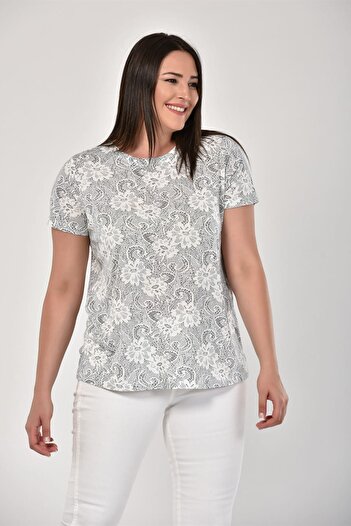 Seamoda Women's Ecru Mixed Flower Pattern Short Sleeve Basic Tshirt PRA-489607-982483