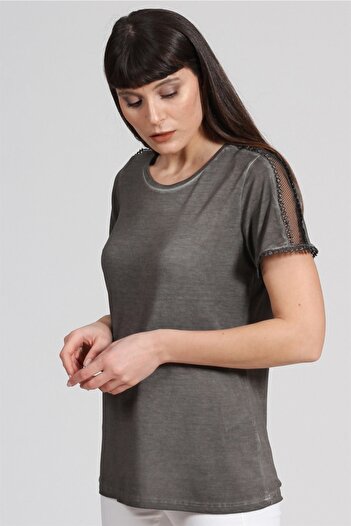 Seamoda Blouse with Tulle on Shoulders and Mid-Arms Anthracite