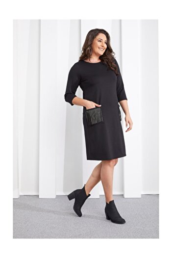 Seamoda 3/4 Sleeve Pocket Rhinestone Dress Black
