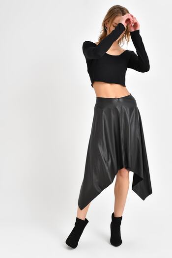Quincey Asymmetric Leather Skirt Lycra Black Ekm2520