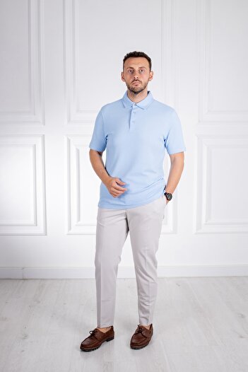 Sarar Interview Polo Neck 100% Cotton Textured Light Blue T-shirt