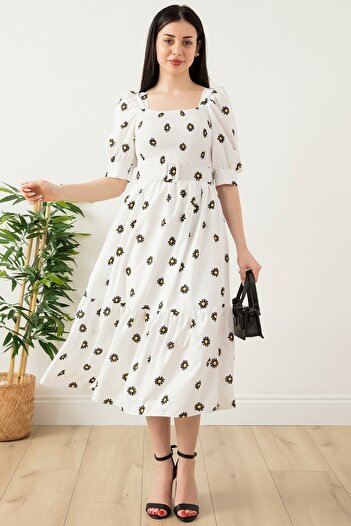 PULLIMM Daisy Printed Elastic Square Collar Dress 2023-2269