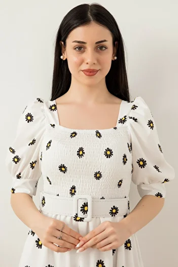 PULLIMM Daisy Printed Elastic Square Collar Dress 2023-2269