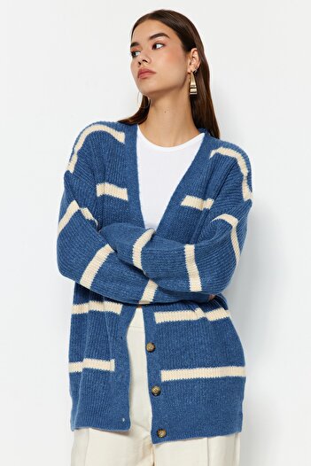 Trendyol Collection Blue Wide Fit Soft Textured Striped Knitwear Cardigan TWOAW23HI00191