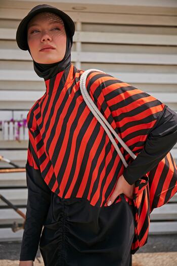Marina Parachute Striped Black Full Covered Hijab Swimsuit M2307