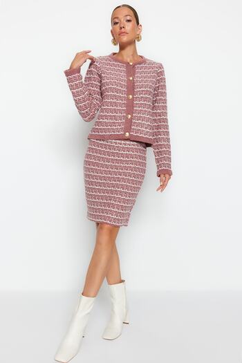 Trendyol Collection Soft Textured Dried Rose Knitwear Cardigan and Skirt Set - Knitted Detail Twoaw24Au00001