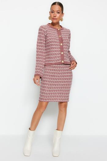 Trendyol Collection Soft Textured Dried Rose Knitwear Cardigan and Skirt Set - Knitted Detail Twoaw24Au00001
