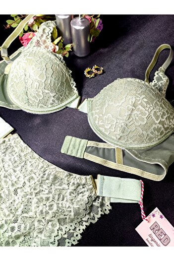 red iç giyim Vendetta Lace Embroidered Soft Cup Khaki Bra Panty Set