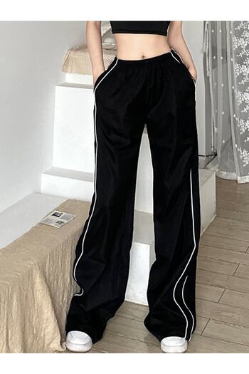 Planet Butik Zip Detail Black Baggy Oversize Unisex Şeritli Eşofman