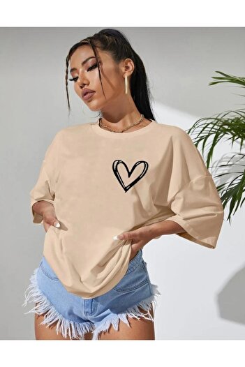 Revasser Minimal Heart Printed Light Beige Oversize