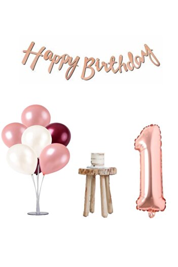 LOTUS PARTY 1 Year Old Rose Gold and Claret Red Minimal Birthday Set - Balloon Stand, Number and Happy Text