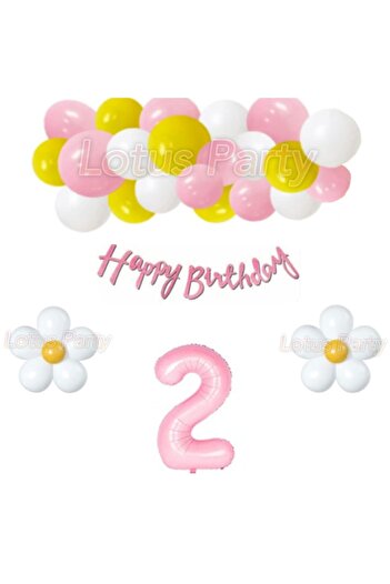 LOTUS PARTY 2 Year Old Daisy Themed Balloon Chain Set - Pink Yellow White Balloon - Pink Figure Foil Balloon