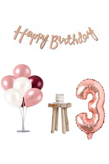 LOTUS PARTY 3 Years Old Rose Gold and Claret Red Minimal Birthday Party Set Balloon Stand Rose Gold Number and Happy Text