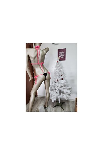 Secret Passion Lingerie Yeni Sezon Pembe Ipli Siyah Kumaş , Astarlı , Tanga Bikini Takımı 1078
