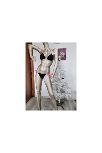 Secret Passion Lingerie Yeni Sezon Pembe Ipli Siyah Kumaş , Astarlı , Tanga Bikini Takımı 1078