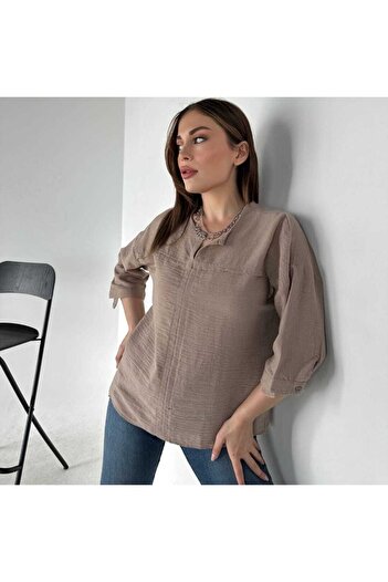 DERİNBOUTIQUE Women's Linen Placket Collar Half Short Sleeve Design Summer Wedding Engagement Mevlit Blouse