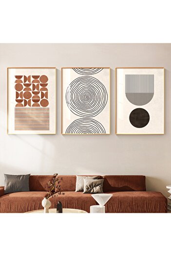 Linacci Triple Gold Frame Aluminum Soft Modern Linear Circle Geometric Glass Poster Painting Set