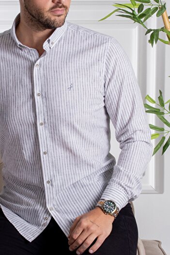 Sarar İnterview Sarar Goias Slim Fit Koyu Gri Beyaz Çizgili Keten Gömlek