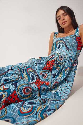Happiness İstanbul Rochie de vară din viscoză cu guler pătrat cu flori albastre DD01189