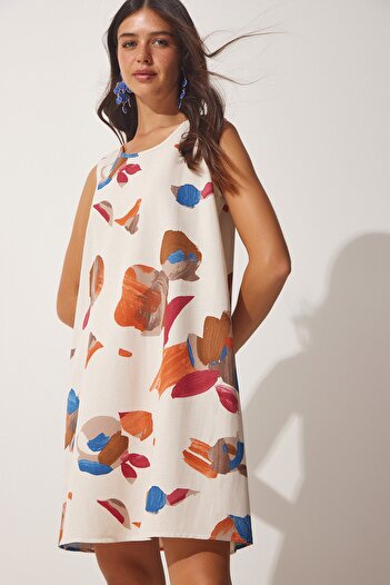 Happiness İstanbul Rochie mini din viscoză de in, bej cărămidă, cu model BH00343