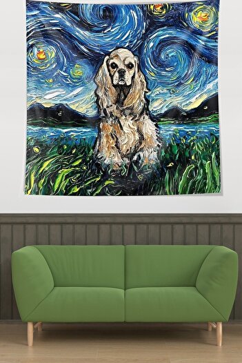 on the clouds Van Gogh Cute Dog in Starry Nights Stain Resistant Fabric Wall Cloth Wall Carpet Tapestry