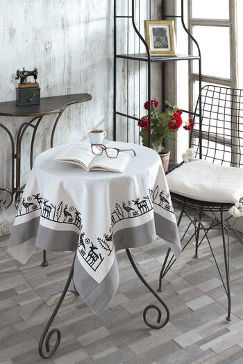 ÖDEL HOME Buldan Fabric Bordered Stone Printed Ethnic Patterned Tablecloth