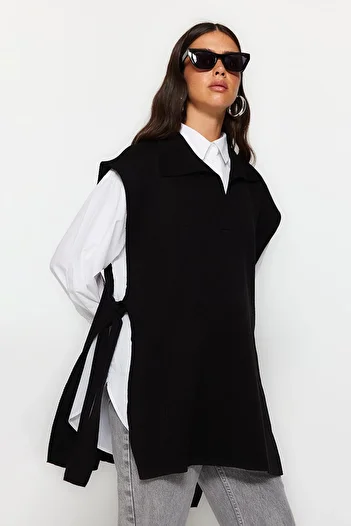 Trendyol Modest Black Side Tie Detailed Polo Neck Knitwear Sweater TCTAW24UV00028