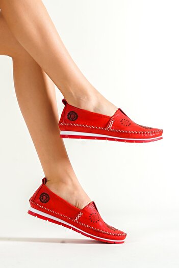 Deripabuc Genuine Leather Red Women's Leather Ballerinas Dp16-0065